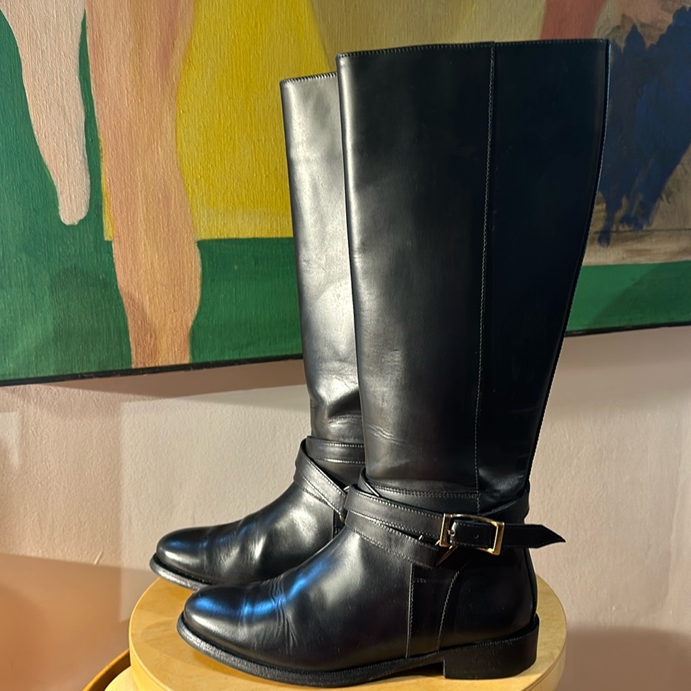 BURBERRY Adelaide Leather Buckle Riding Boots -- Black/37 EU